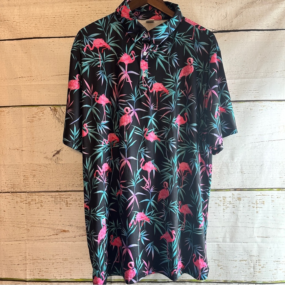 FLAMINGO GOLF SHIRT Men’s Black, Green and Pink Tropical Print XXL NWOT